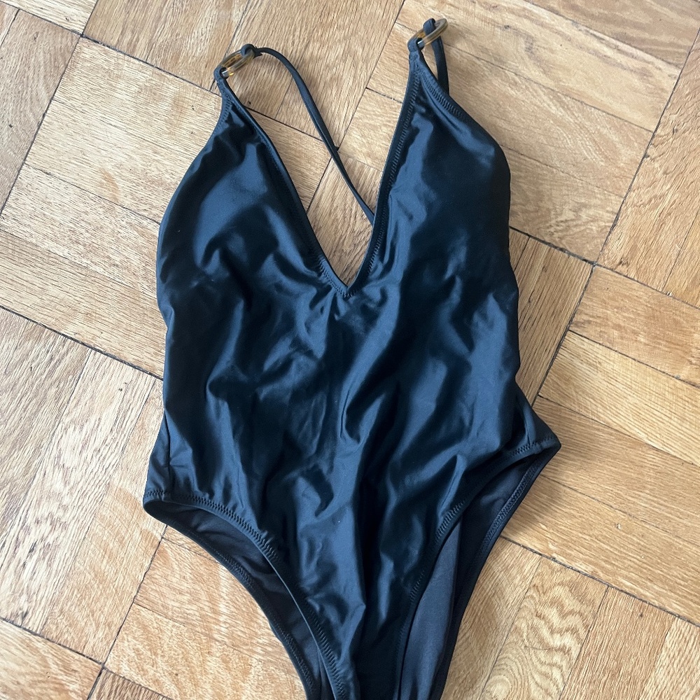 J. Crew O-ring V-neck one-piece swimsuit black size 6 NWT - Picture 3 of 5